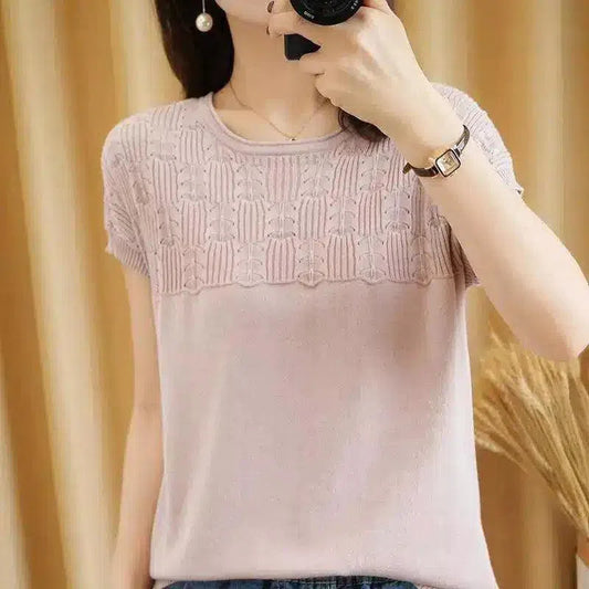 Women's Short Sleeve Knit Top with Textured Design-Pink-1