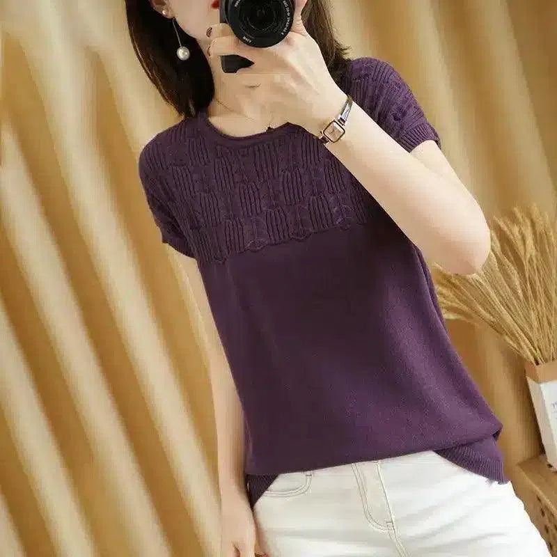 Women's Short Sleeve Knit Top with Textured Design-Purple-2