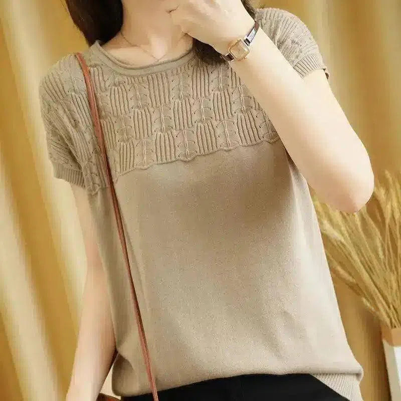 Women's Short Sleeve Knit Top with Textured Design-Camel-3
