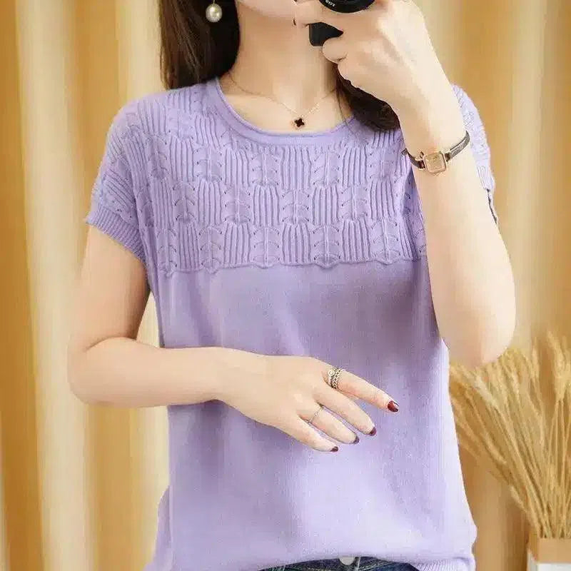Women's Short Sleeve Knit Top with Textured Design-Taro purple-4