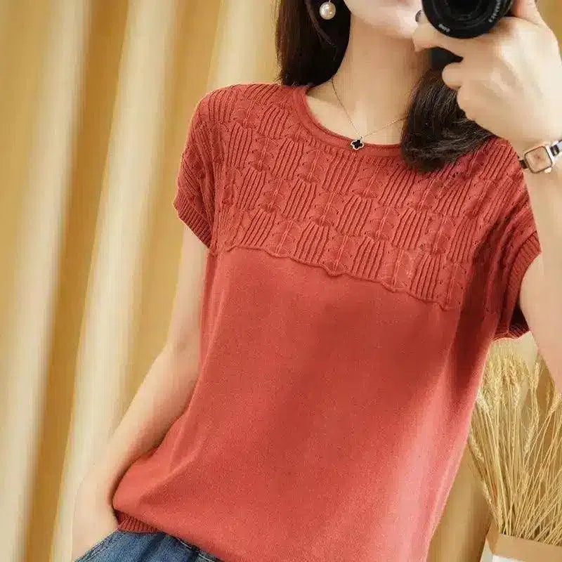 Women's Short Sleeve Knit Top with Textured Design-Red-5