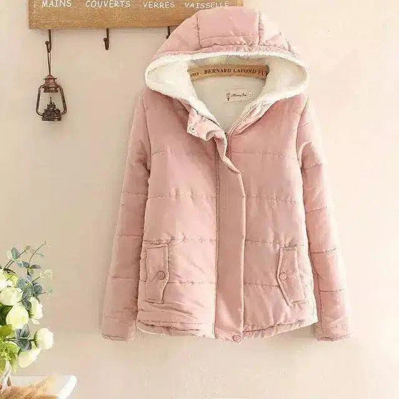 Fleece-Lined Hooded Jacket with Pockets-Pink-1
