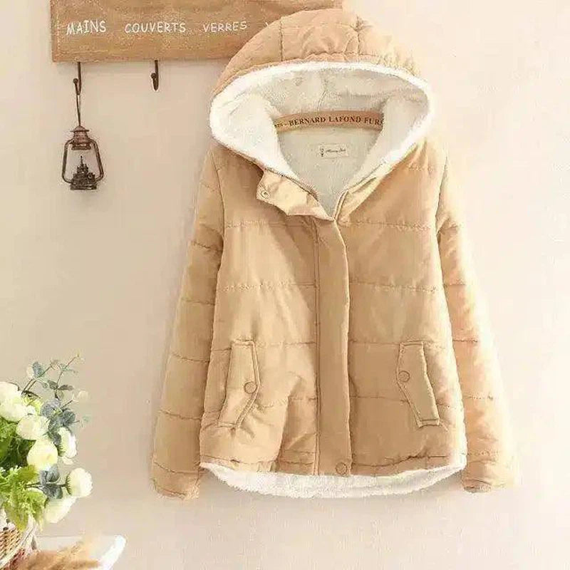 Fleece-Lined Hooded Jacket with Pockets-Khaki-2