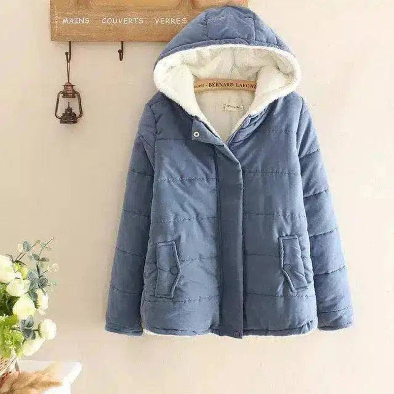 Fleece-Lined Hooded Jacket with Pockets-Blue-3