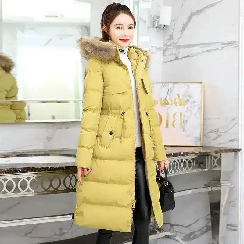 Fur-Trimmed Hooded Winter Coat for Women-Yellow-2