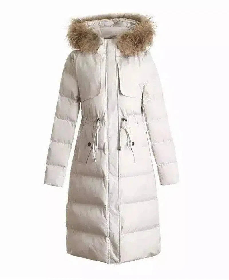 Fur-Trimmed Hooded Winter Coat for Women-Beige-3