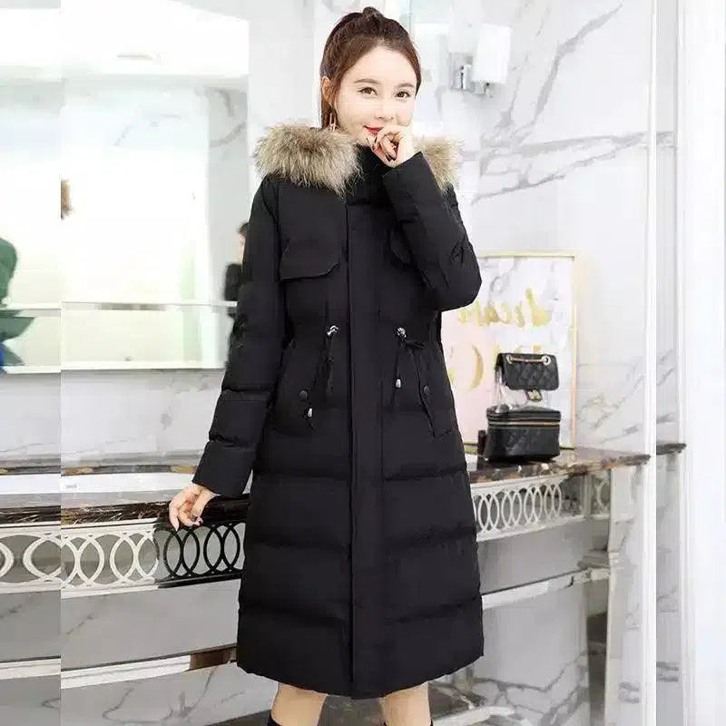 Fur-Trimmed Hooded Winter Coat for Women-Black-4
