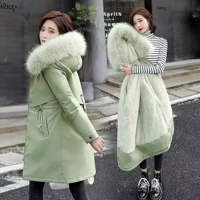 Winter Coat with Fur Hood and Quilted Lining-Green-4