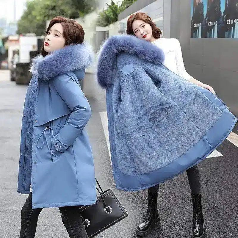 Winter Coat with Fur Hood and Quilted Lining-Blue-5