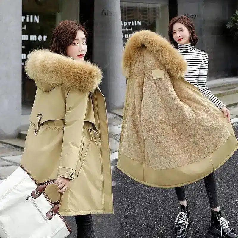 Winter Coat with Fur Hood and Quilted Lining-Khaki-6