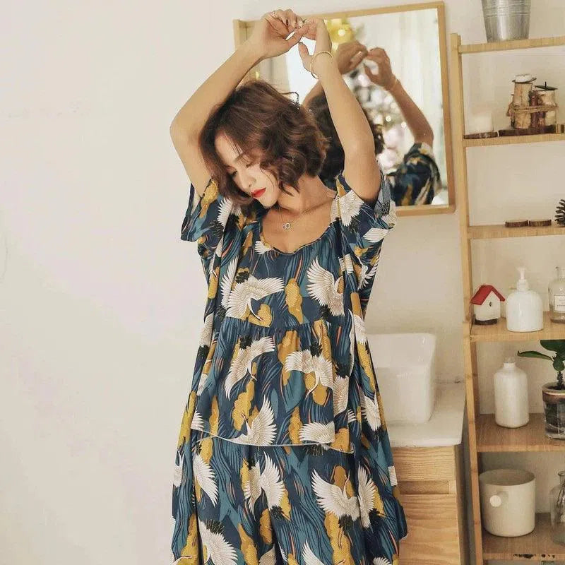 Floral Print Women's Kimono Robe Set-J-10