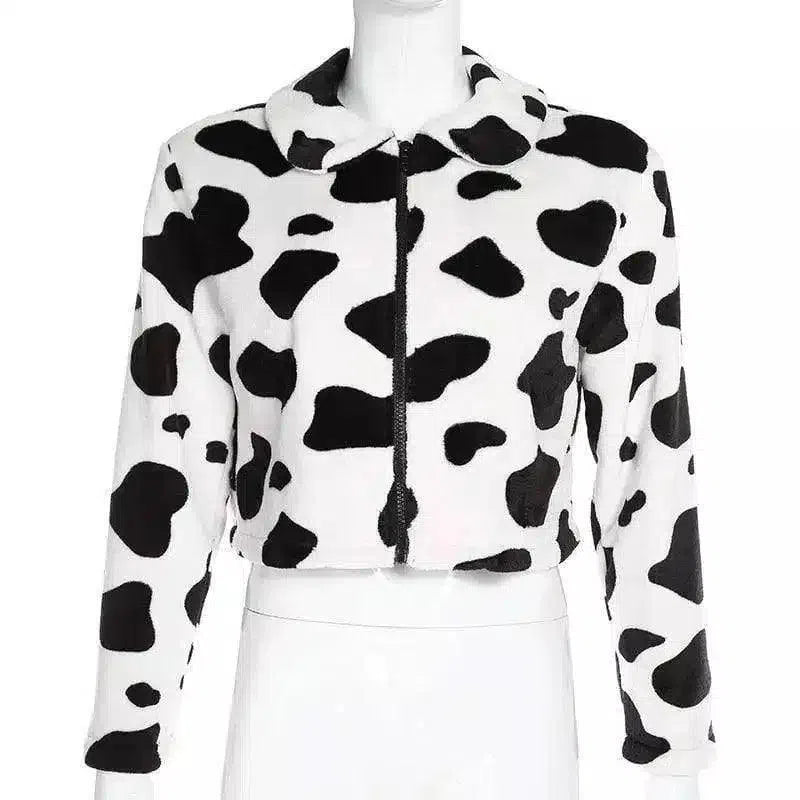 Cow Print Cropped Jacket & Shoulder Bag Set-White black-2