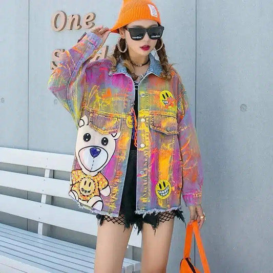Creative Hand-Painted Chain Decoration Loose Denim Jacket-Colorful-1