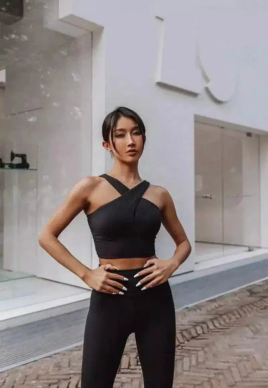 Women's Cross-Strap Crop Top for Fitness-Black-1