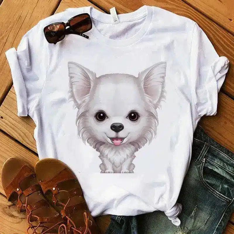 Cute Dog Print Casual T-Shirt for Summer-White8-9