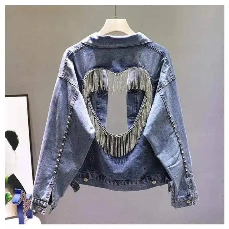 Women's Beaded Heart Cutout Denim Jacket-1