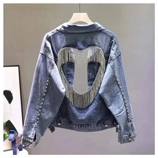 Women's Beaded Heart Cutout Denim Jacket-1