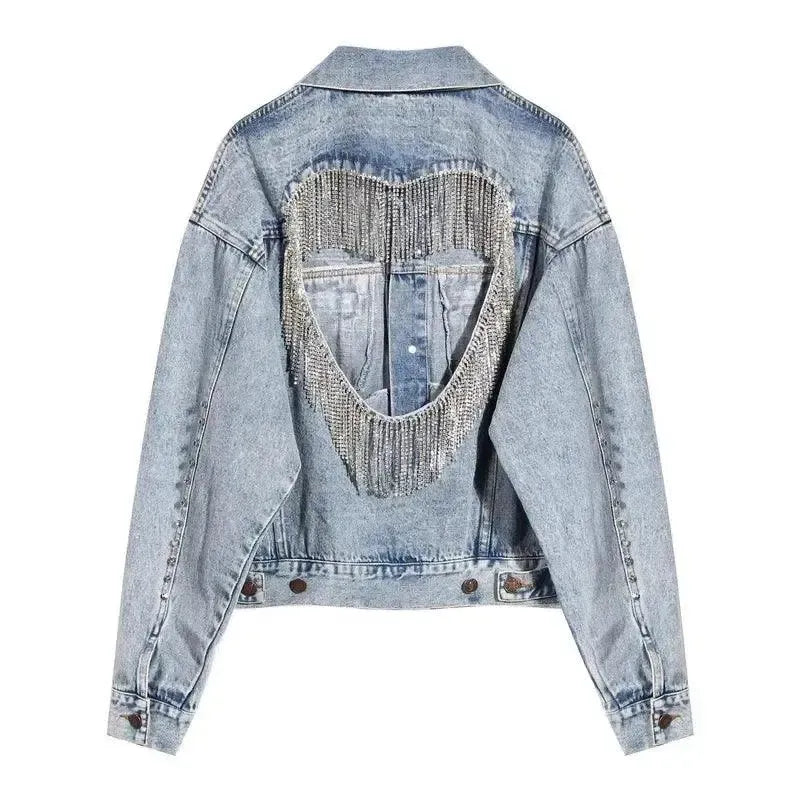 Women's Beaded Heart Cutout Denim Jacket-Light Blue-2