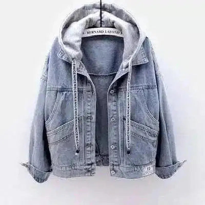 Hooded Denim Jacket with Button Closure-Wathet-1