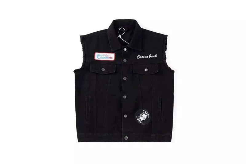 Sleeveless Denim Jacket with Patches-Black-3