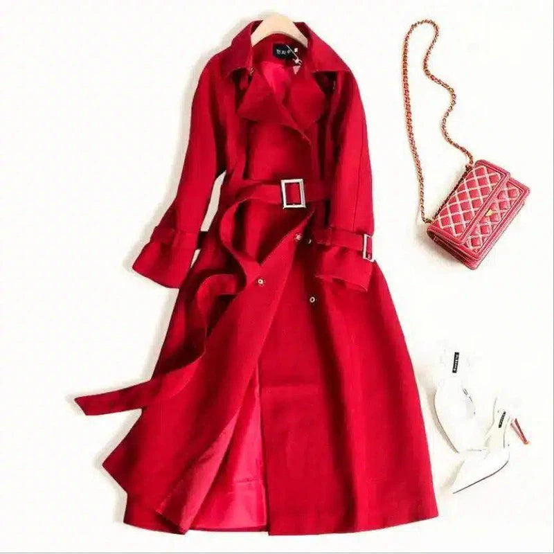 Slim-Fit Belted Trench Coat-Red-1