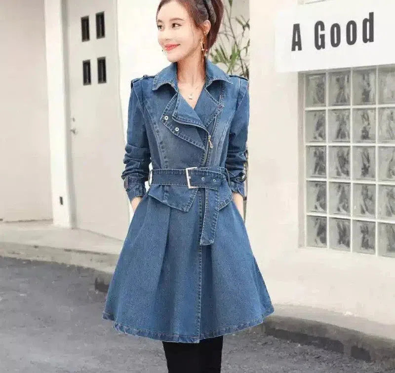 Women's Belted Denim Trench Coat-Blue-2
