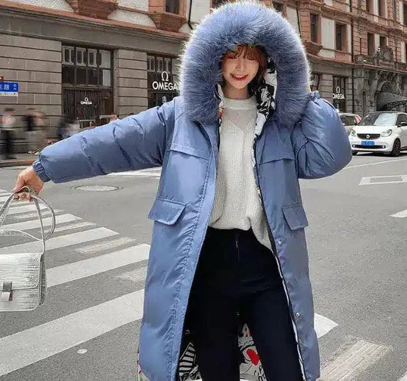 Fur-Trimmed Hooded Winter Coat-Blue-4