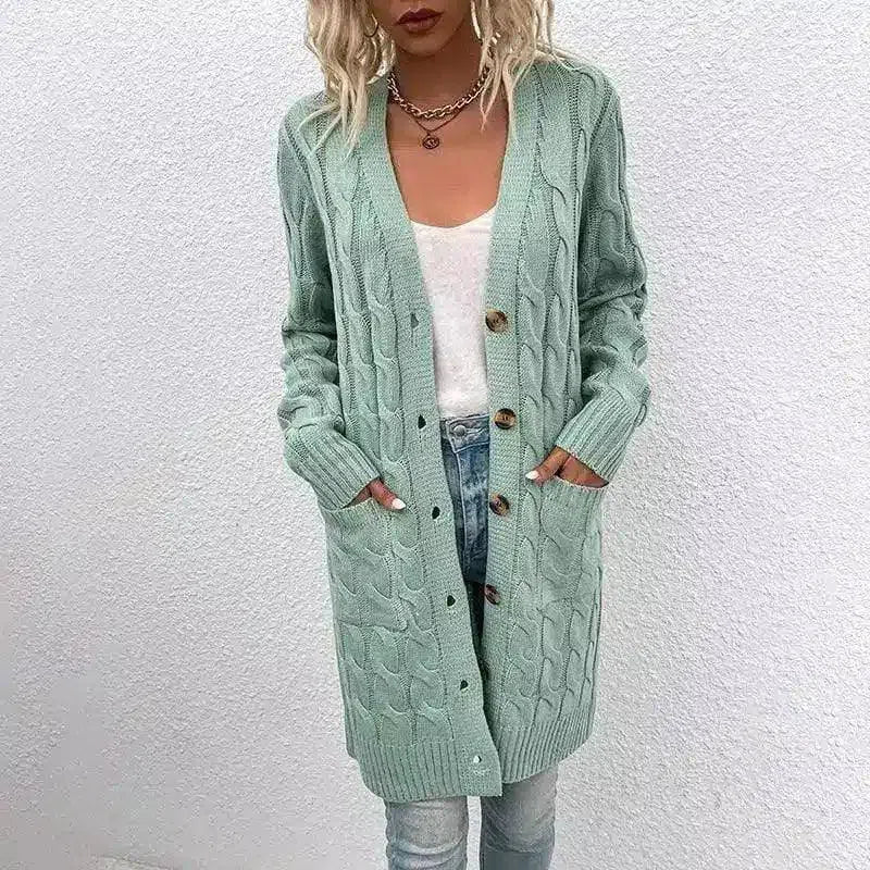 Women's Cable Knit Long Cardigan with Buttons-Bean Green-5