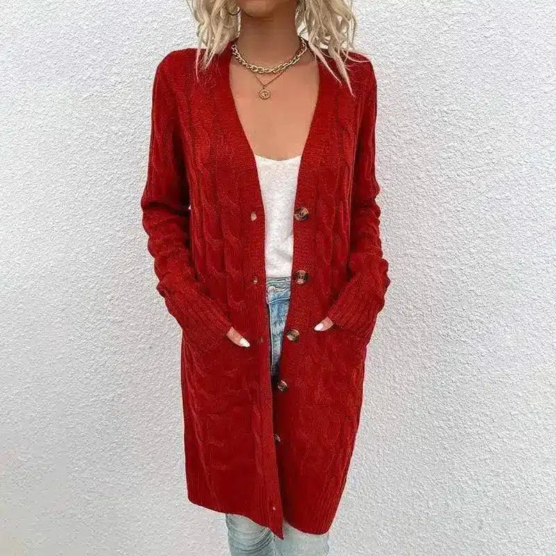 Women's Cable Knit Long Cardigan with Buttons-Rust red-7