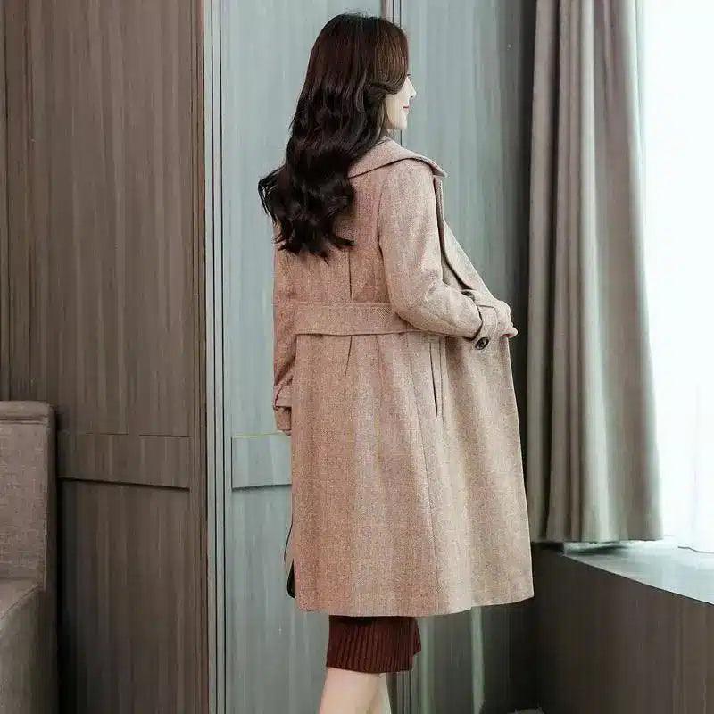 Wool-Blend Women's Mid-Length Coat-Camel-2