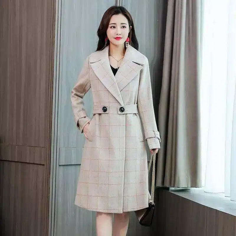 Wool-Blend Women's Mid-Length Coat-Beige-3