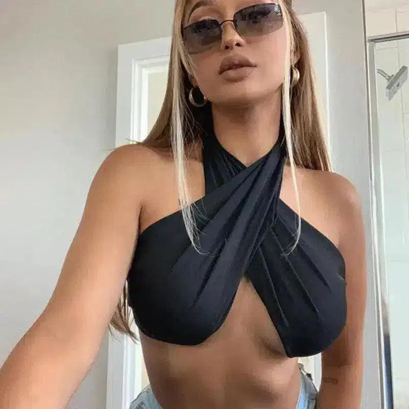 Women's Wrap Crop Top with Tie Waist-Black-3