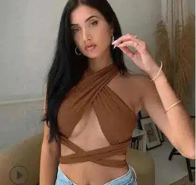 Women's Wrap Crop Top with Tie Waist-Brown-5