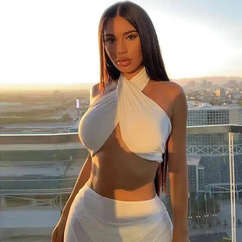 Women's Wrap Crop Top with Tie Waist-White-6