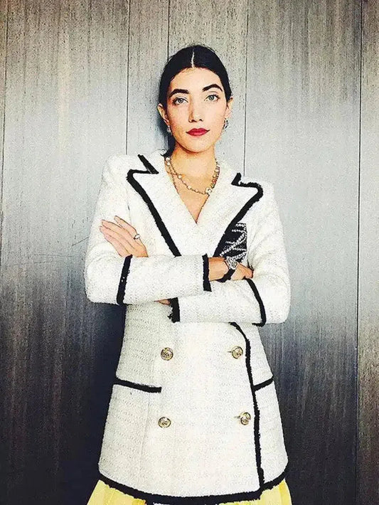 Women's Double-Breasted Tweed Jacket-White-1