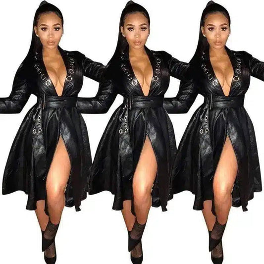Women's Faux Leather Trench Dress with Belt-Black-1