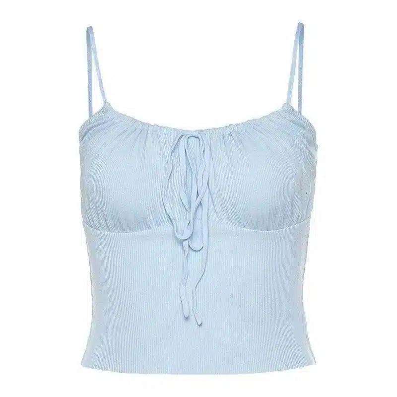 Women's Ribbed Crop Top with Front Tie Detail-Blue-2