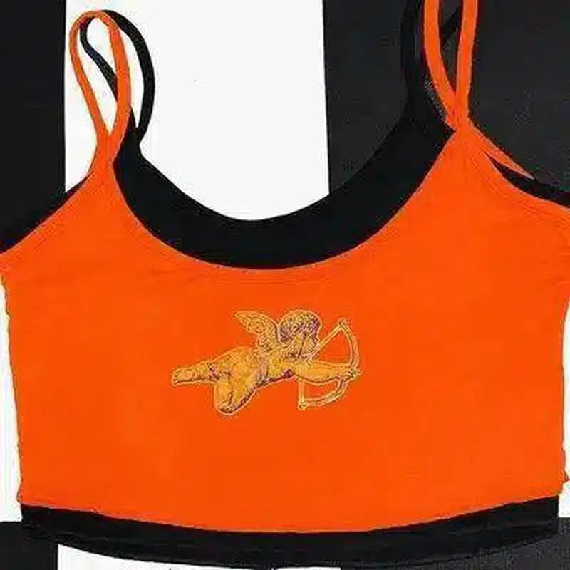 Sleeveless Crop Top with High-Waist Denim Shorts-Orange-2