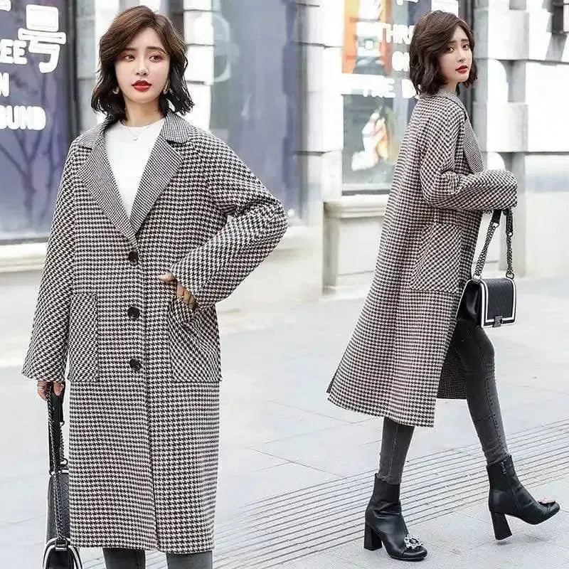 Women's Houndstooth Winter Coat with Pockets-1