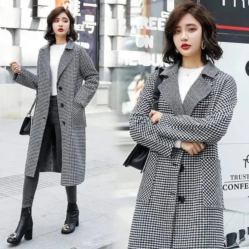 Women's Houndstooth Winter Coat with Pockets-Black-2