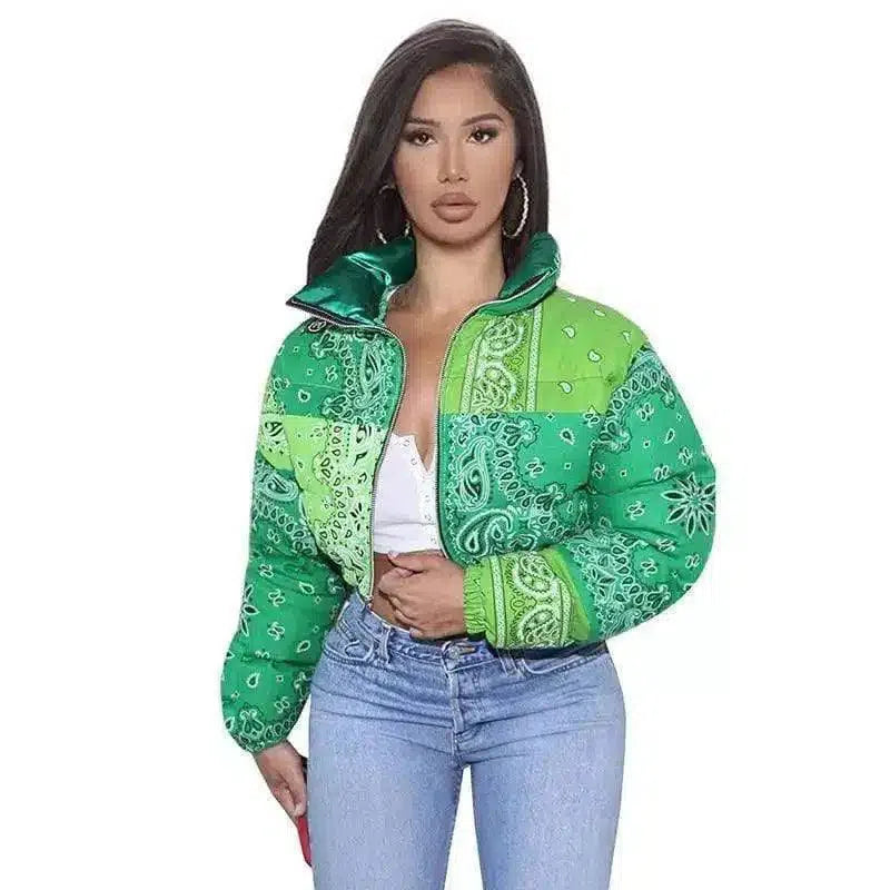 Women's Paisley Pattern Bomber Jacket-Green-3