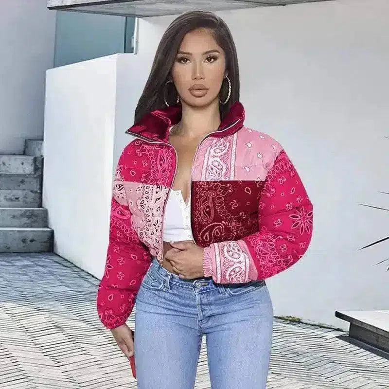 Women's Paisley Pattern Bomber Jacket-Rose red-4