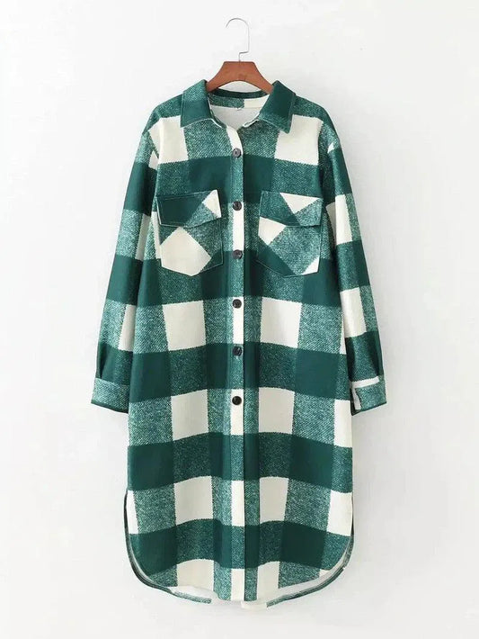 Plaid Long-Sleeve Shirt Dress with Pockets-Green-1