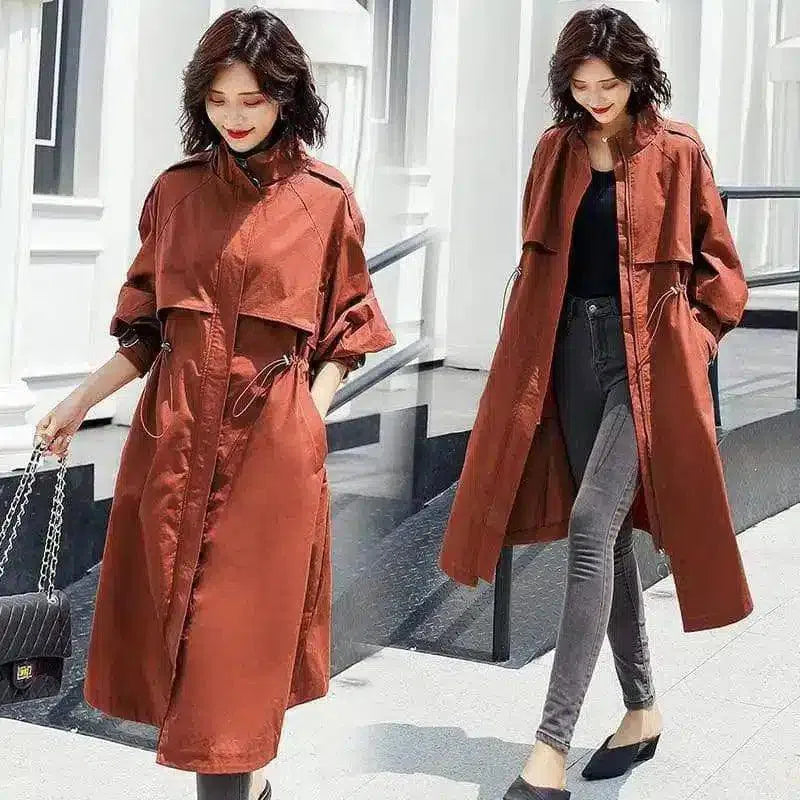 Women's Belted Trench Coat with Roll-Up Sleeves-Brick red-1