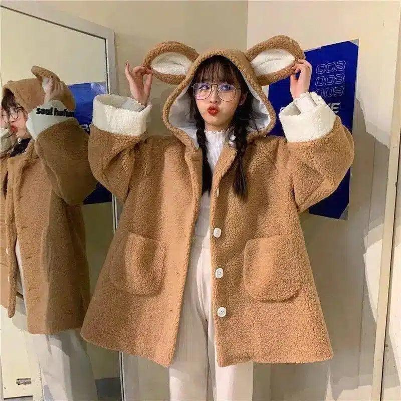 Fashion Winter Bear Ears Bear Tail Imitation Lamb Velvet-Brown-2