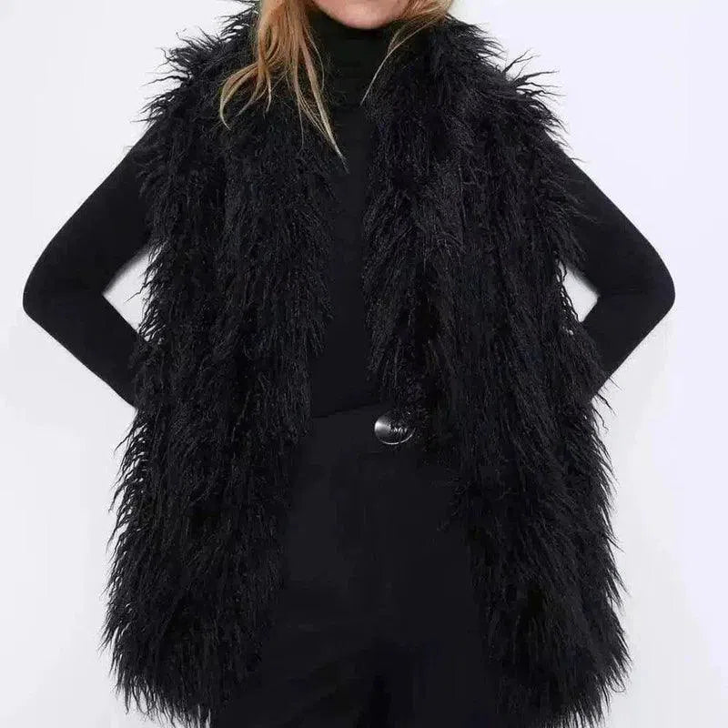 Faux Fur Sleeveless Women's Vest-Black-1