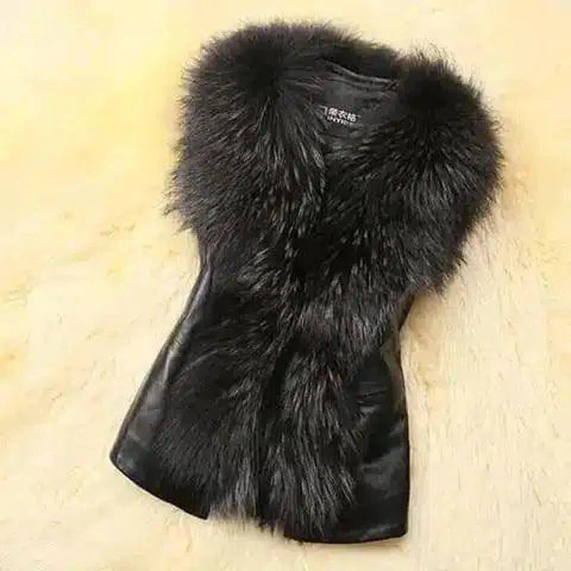 Faux Fur Vest And Fur Coat Short Raccoon Fur Collar Vest-Black-1