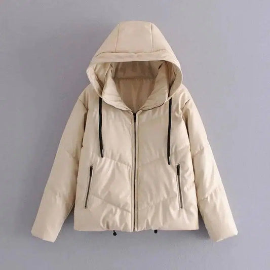Faux Leather Cotton Jacket Women's Cotton Jacket-White-1