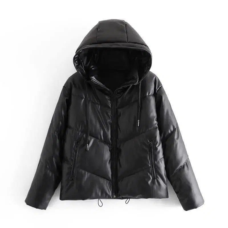 Faux Leather Cotton Jacket Women's Cotton Jacket-Black-2