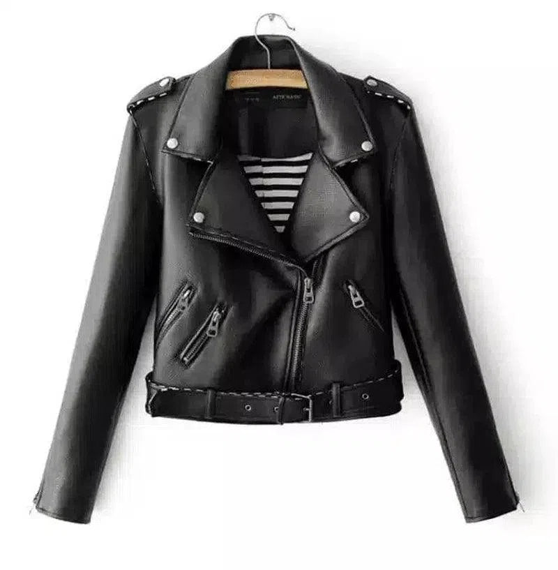 Womens Zippered Faux Leather Jacket-Black-2